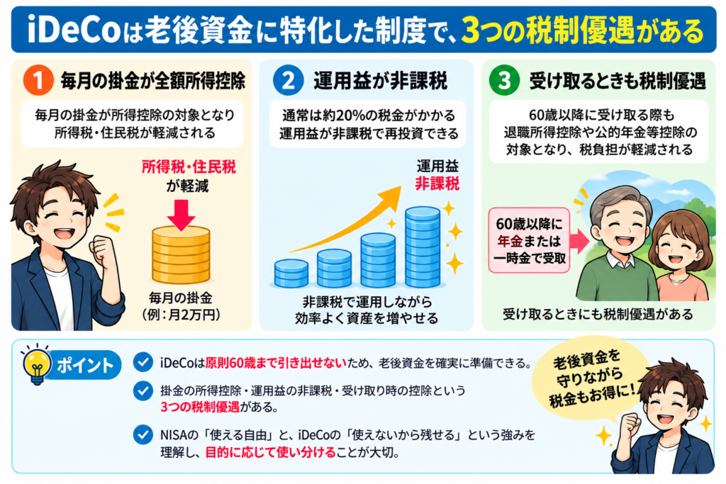 iDeCoの3つの税制優遇と、原則60歳まで引き出せない老後資金としての特徴を解説した図