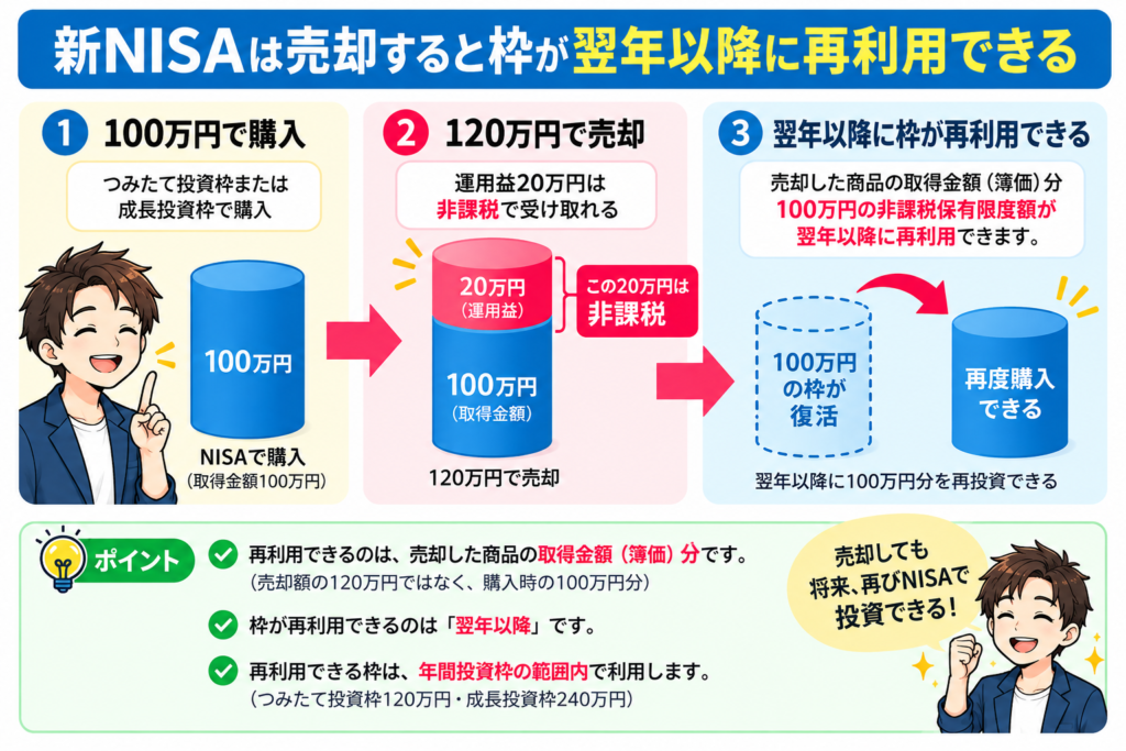 新NISAで100万円分を購入し120万円で売却した場合、取得金額100万円分の非課税保有限度額を翌年以降に再利用できる仕組み