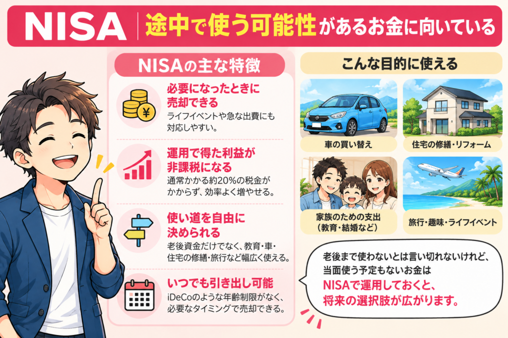 40代のNISAは途中で使う可能性があるお金にも活用でき、車の買い替え・住宅修繕・家族の支出・旅行などに備えられることを解説した図