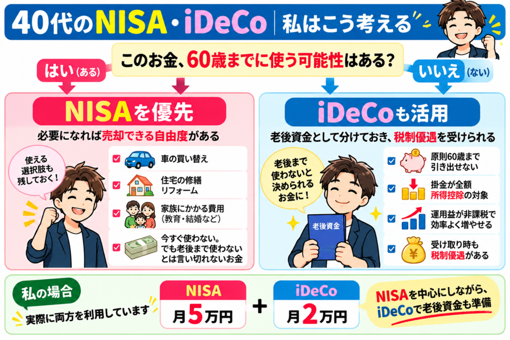 40代でNISAとiDeCoのどちらを優先するか、60歳までに使う可能性を基準に判断する方法を解説した図