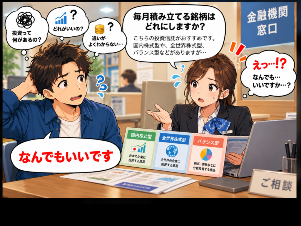 金融機関の窓口でNISAの積立銘柄について相談する様子