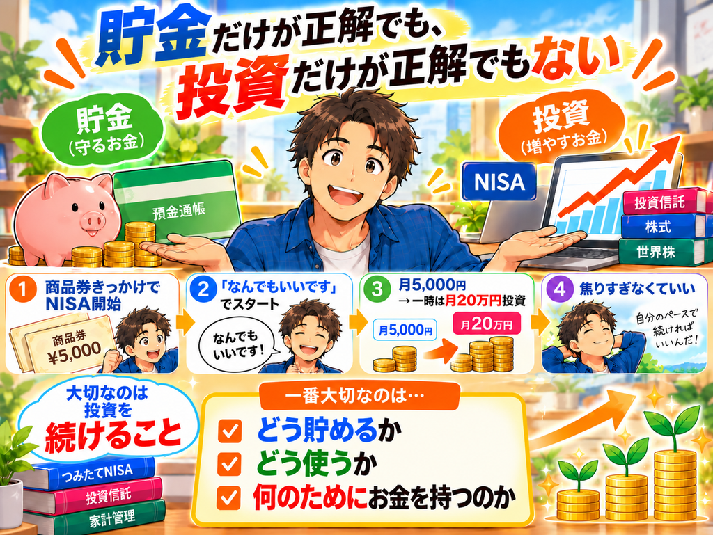 貯金と投資のバランスを取りながら無理なく投資を続ける大切さをまとめた図